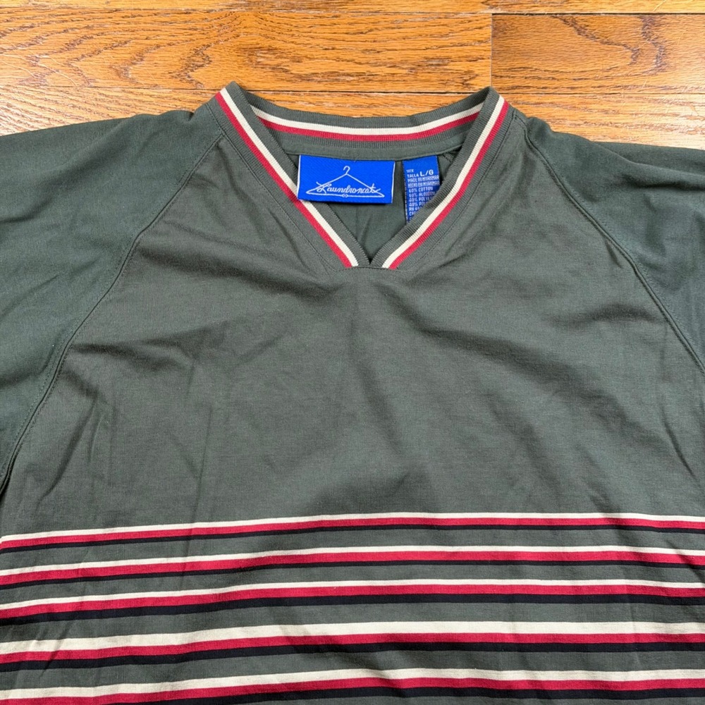 Vintage Y2K Laundromat Mens V-Neck Striped Short Sleeve Shirt Olive Large